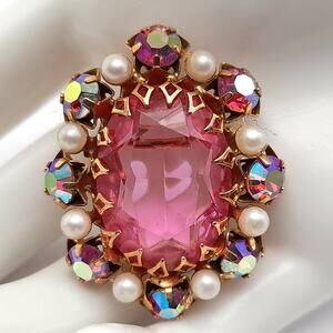 Vintage Signed JEWEL Pink Glass Brooch, Aurora Borealis Rhinestones, Faux Pearls